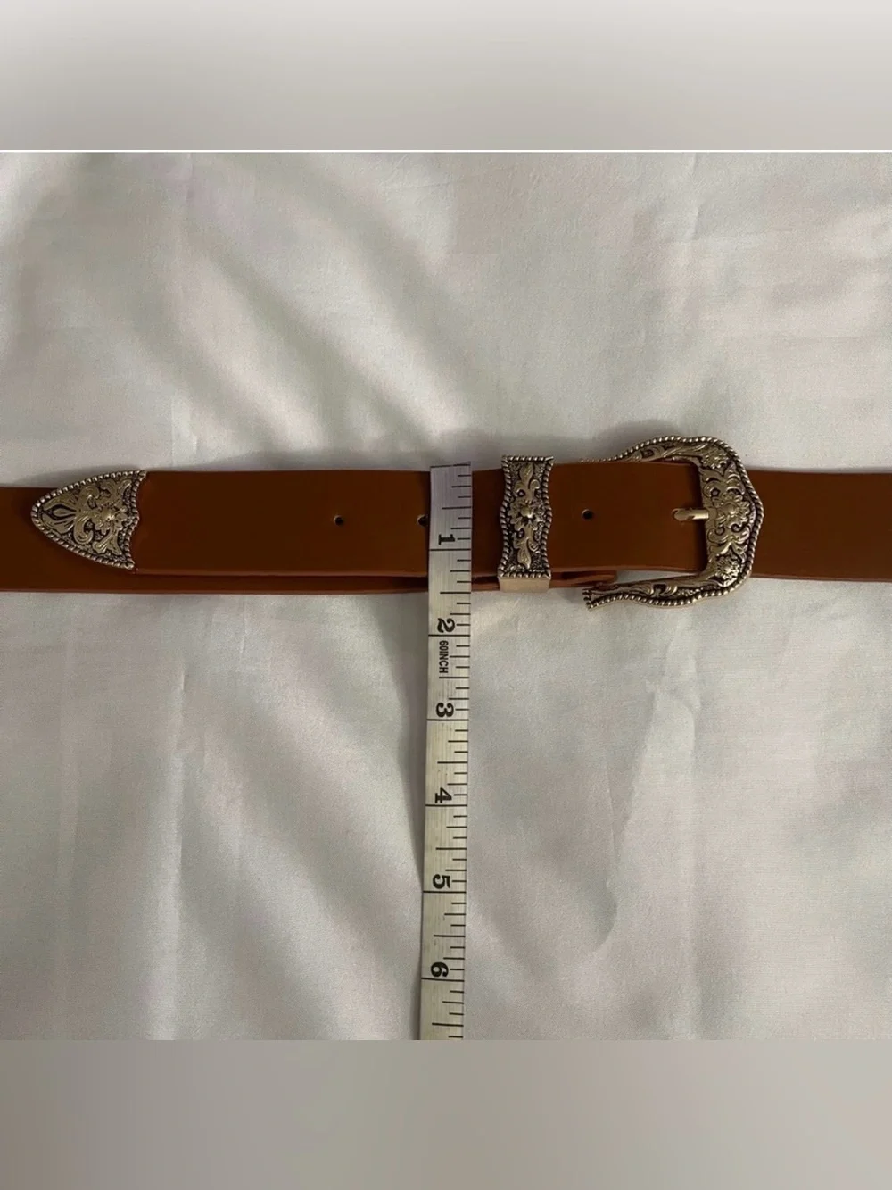 Brown PU leather distressed gold  tone double buckle adjustable skinny belt